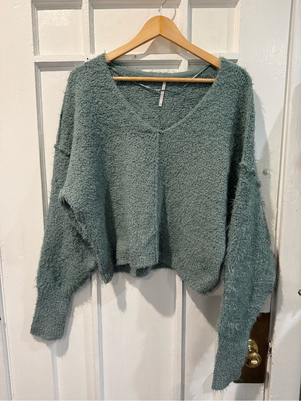 Free People Fuzzy V-Neck Sweater - Sage Green